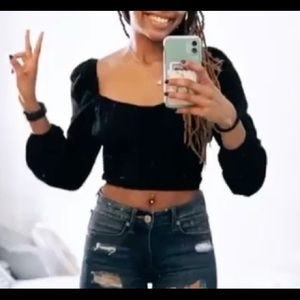 Black Balloon Sleeve Crop Top w/ Shirred Corset, Small